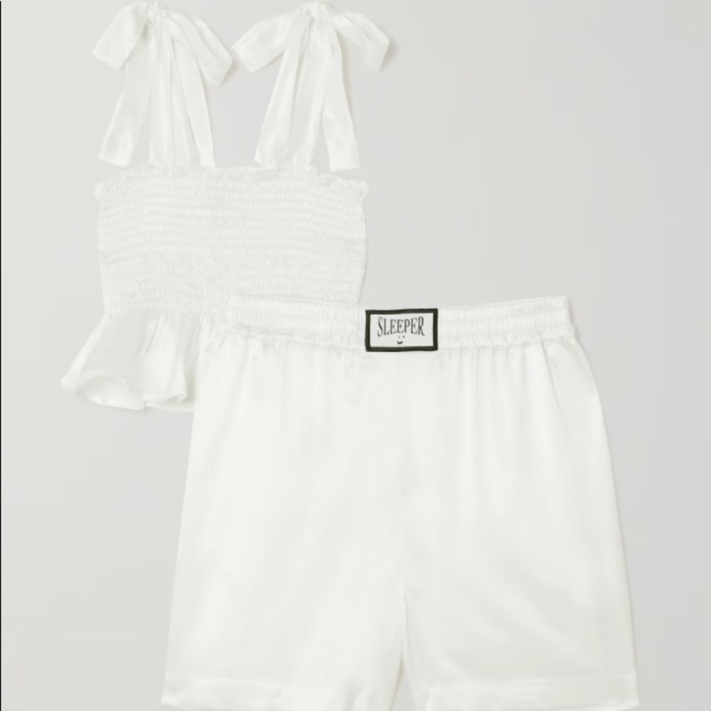 SLEEPER Tender Fighter Ruffled Shirred Silk Satin PJ Set